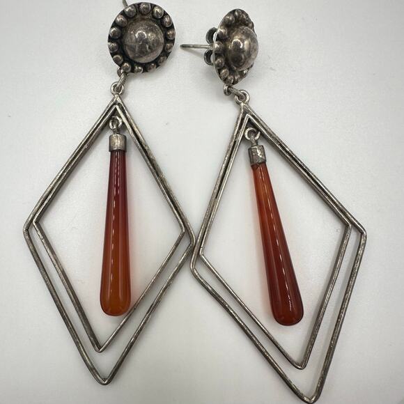 Vintage 925 sterling silver conchos genuine carnelian dangle drop post earrings - Picture 1 of 8